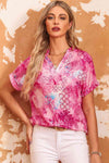 Floral Notched Neck Short Sleeve Top - Tophatter Deals