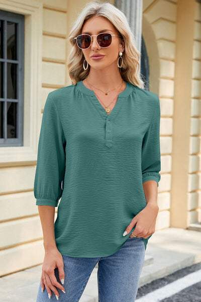 Notched Three-Quarter Sleeve T-Shirt Teal Women's T-Shirts - Tophatter Daily Deals