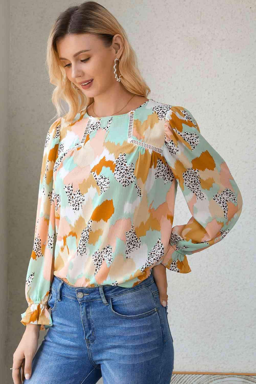 Printed Flounce Sleeve Buttoned Blouse Blouses - Tophatter Daily Deals