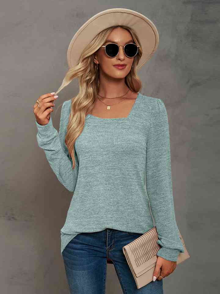 Heathered Square Neck Long Sleeve T-Shirt Women's T-Shirts - Tophatter Daily Deals