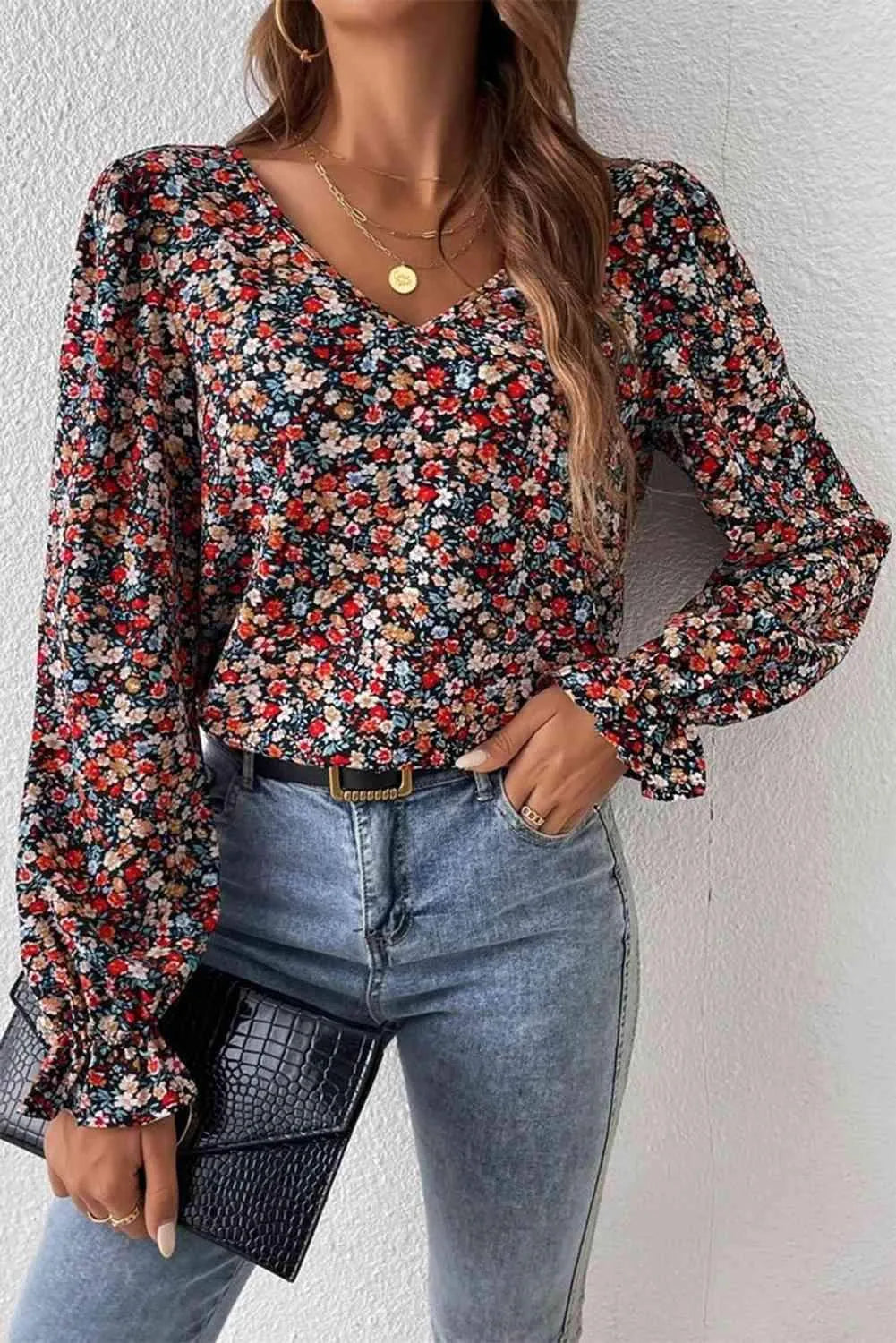 V-Neck Printed Long Sleeve Blouse Blouses - Tophatter Daily Deals