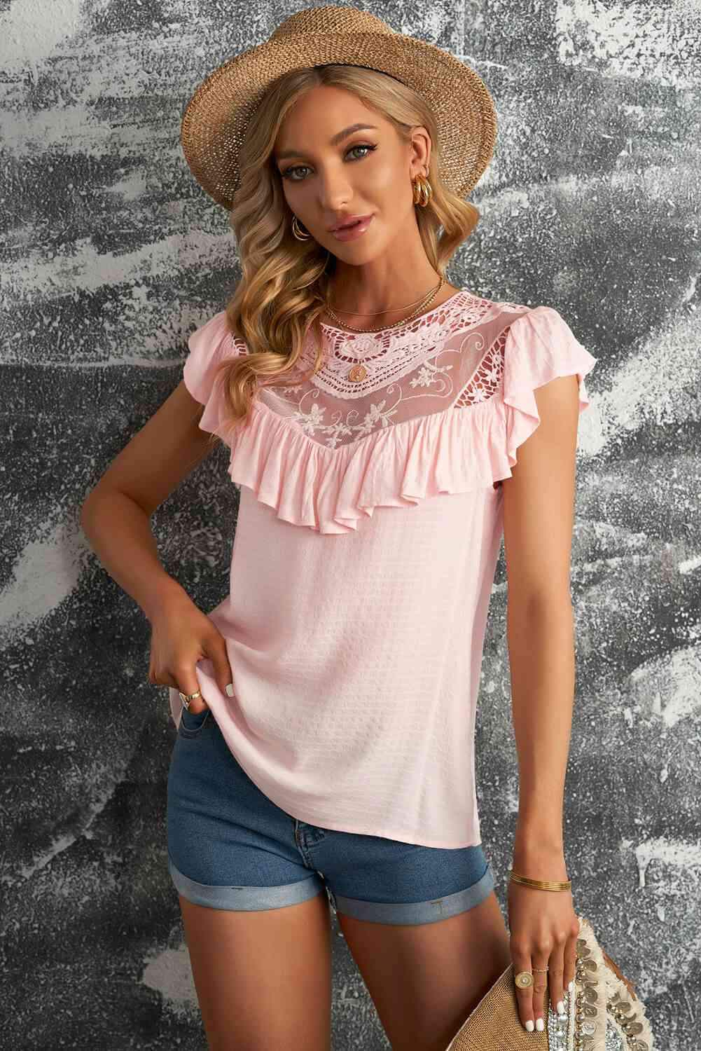 Lace Ruffled Short Sleeve T-Shirt Blouses - Tophatter Daily Deals