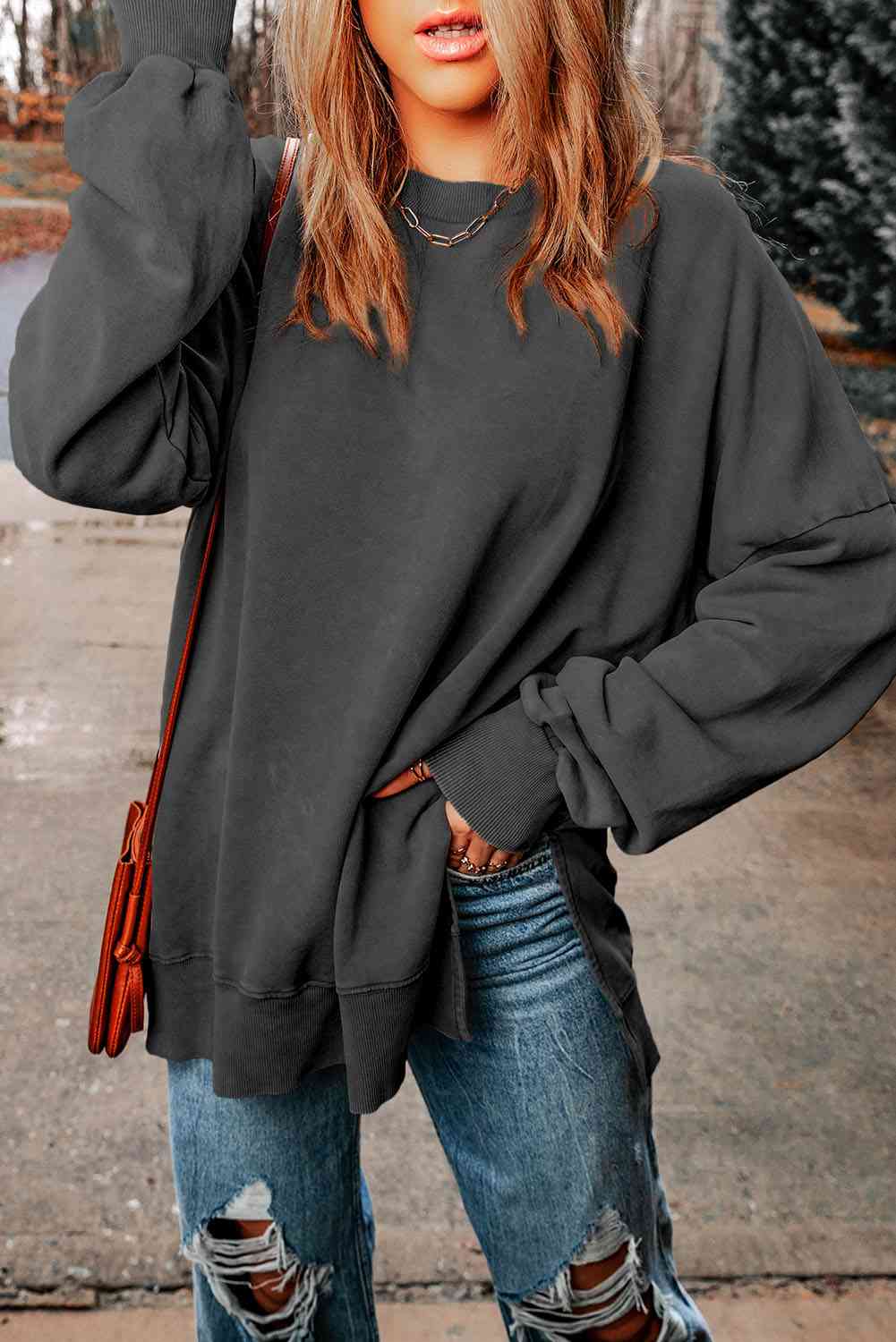 Dropped Shoulder Round Neck Long Sleeve Blouse - Tophatter Deals