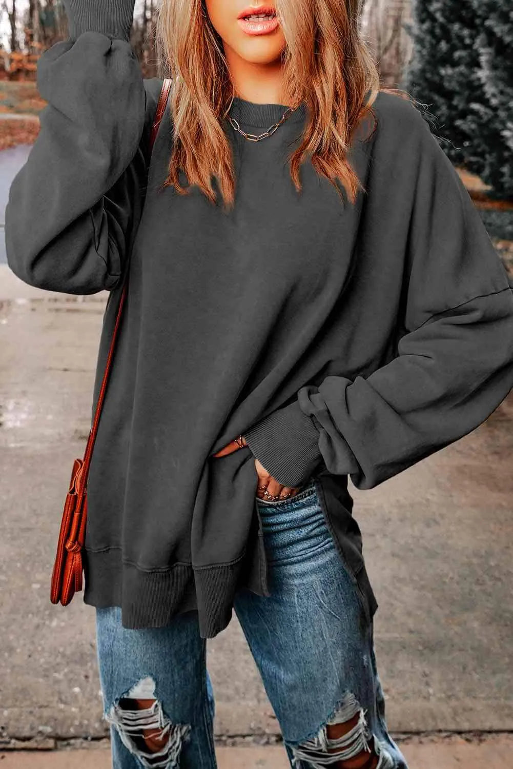 Dropped Shoulder Round Neck Long Sleeve Blouse Blouses - Tophatter Daily Deals