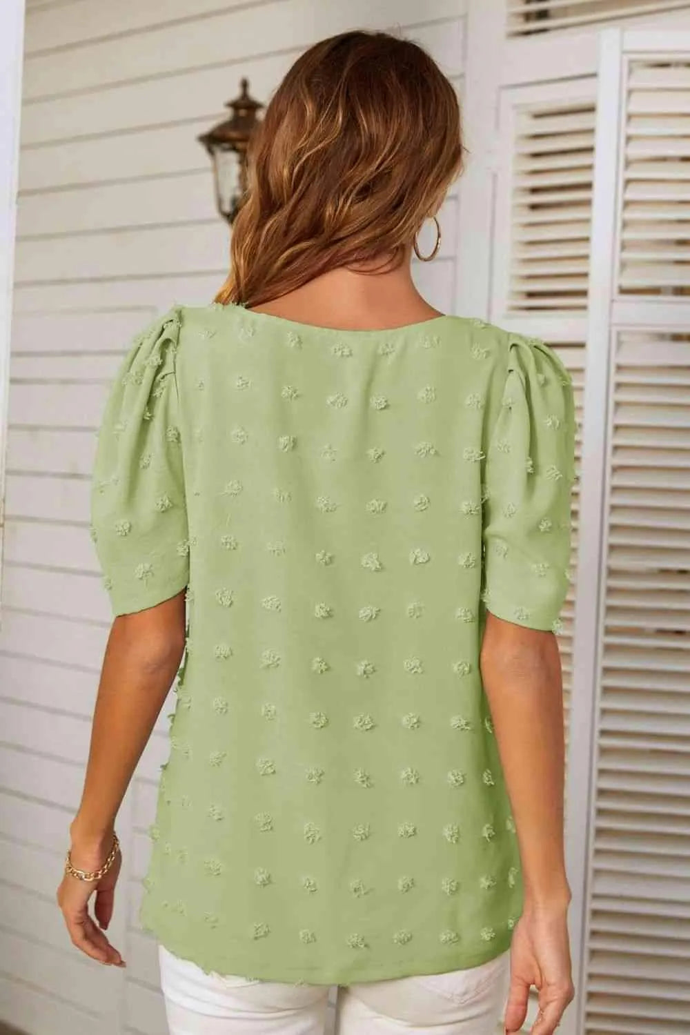 Swiss Dot V-Neck Puff Sleeve Blouse Blouses - Tophatter Daily Deals