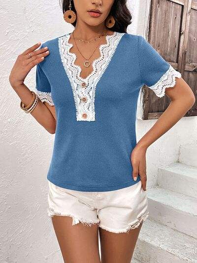 Lace Detail V-Neck Short Sleeve T-Shirt Sky Blue Women's T-Shirts - Tophatter Daily Deals