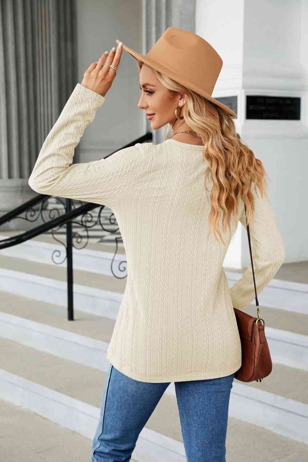 Cable-Knit Long Sleeve V-Neck T-Shirt Women's T-Shirts - Tophatter Daily Deals