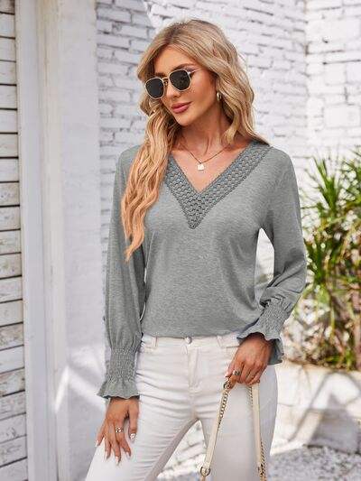 V-Neck Smocked Ruffled Long Sleeve Top Charcoal Women's T-Shirts - Tophatter Daily Deals