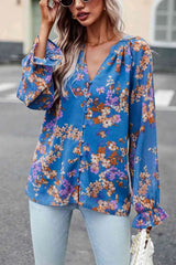 Floral Print Flounce Sleeve Blouse Cobalt Blue Blouses - Tophatter Daily Deals