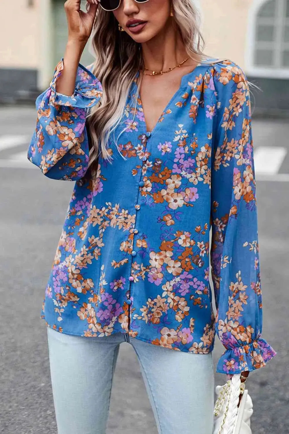 Floral Print Flounce Sleeve Blouse Cobalt Blue Blouses - Tophatter Daily Deals