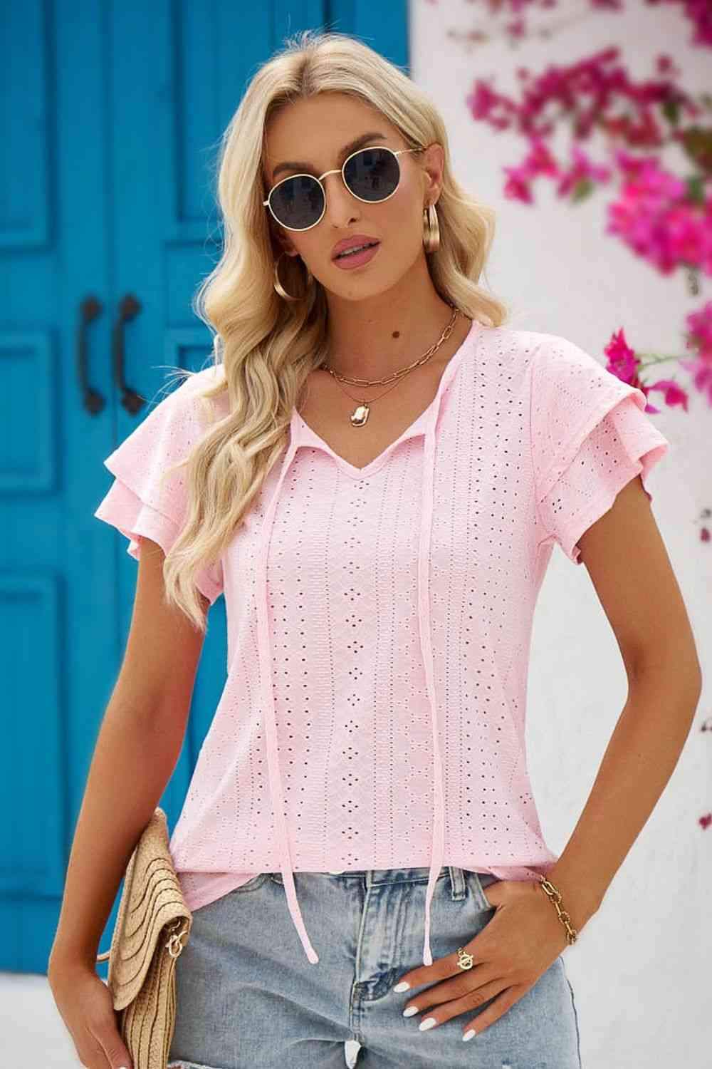 Eyelet Tie-Neck Flutter Sleeve Blouse Blouses - Tophatter Daily Deals