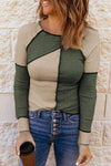 Color Block Round Neck Long Sleeve T-Shirt Army Green Women's T-Shirts - Tophatter Daily Deals