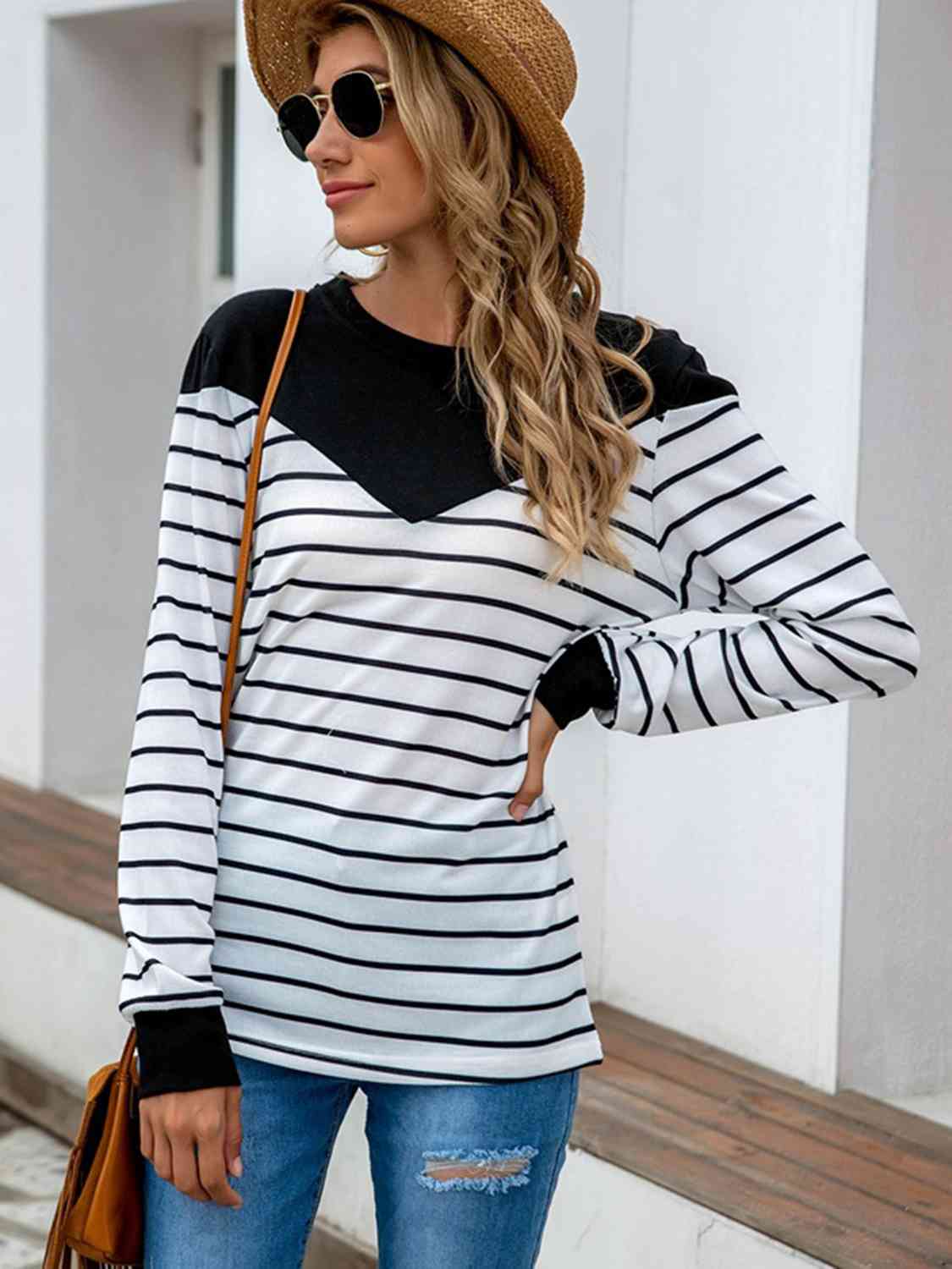 Striped Round Neck Long Sleeve T-Shirt Women's T-Shirts - Tophatter Daily Deals