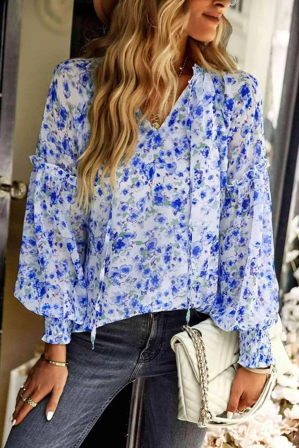 Floral Tie Neck Lantern Sleeve Blouse Blue Floral Blouses - Tophatter Daily Deals