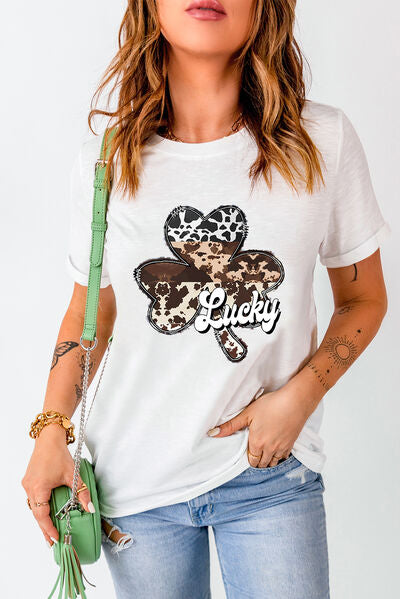 LUCKY Graphic Round Neck T-Shirt White Women's T-Shirts - Tophatter Daily Deals