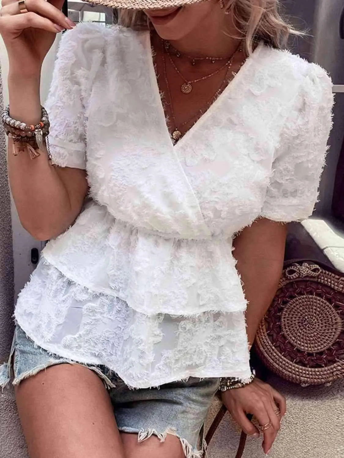 Surplice Neck Layered Peplum Top Blouses - Tophatter Daily Deals