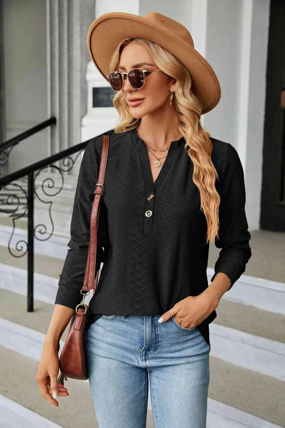 Notched Neck Long Sleeve Buttoned Blouse Blouses - Tophatter Daily Deals