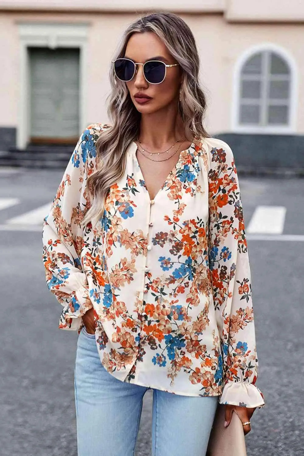 Floral Print Flounce Sleeve Blouse Blouses - Tophatter Daily Deals