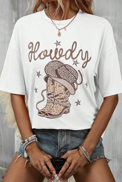 HOWDY Round Neck Short Sleeve T-Shirt White Women's T-Shirts - Tophatter Daily Deals