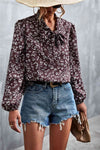 Printed Tie Neck Puff Sleeve Blouse Brown Blouses - Tophatter Daily Deals