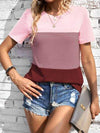 Color Block Round Neck Short Sleeve T-Shirt Women's T-Shirts - Tophatter Daily Deals