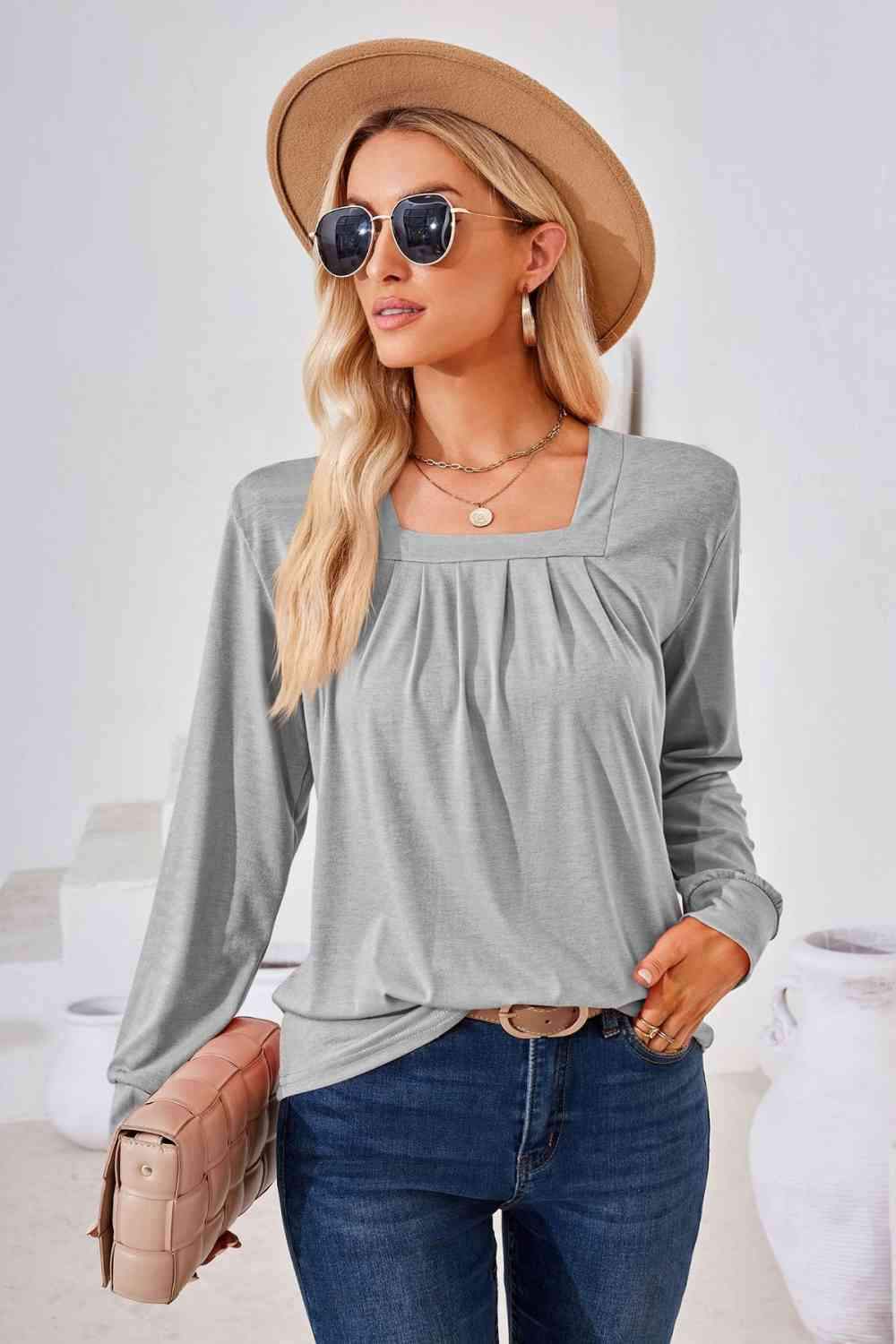 Square Neck Ruched Long Sleeve Blouse Light Gray Blouses - Tophatter Daily Deals