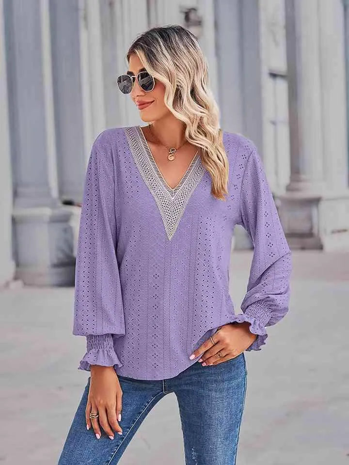 V-Neck Eyelet Flounce Sleeve Blouse Blouses - Tophatter Daily Deals