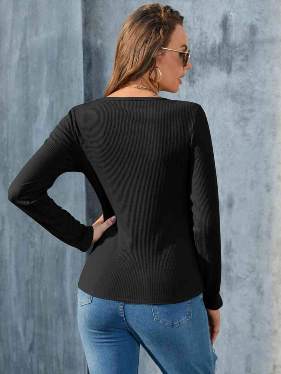 Buttoned Round Neck Long Sleeve T-Shirt Women's T-Shirts - Tophatter Daily Deals