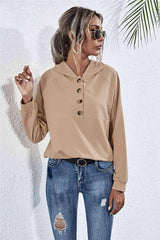 Buttoned Raglan Sleeve Hooded Blouse Tan Blouses - Tophatter Daily Deals