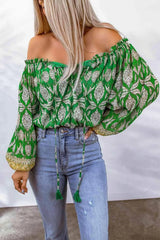 Printed Tassel Tie Balloon Sleeve Blouse Blouses - Tophatter Daily Deals