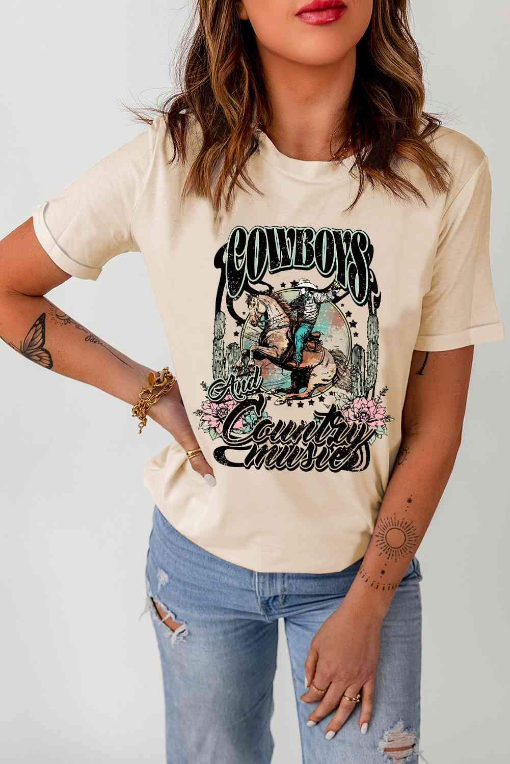 Short Sleeve Round Neck Cowboy Graphic Tee - Tophatter Daily Deals