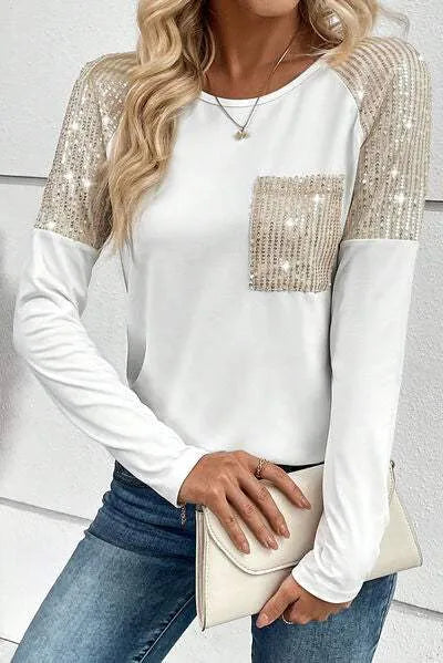 Sequin Round Neck Long Sleeve T-Shirt Women's T-Shirts - Tophatter Daily Deals