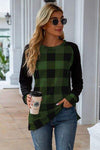 Plaid Round Neck Long Sleeve T-Shirt Army Green Women's T-Shirts - Tophatter Daily Deals