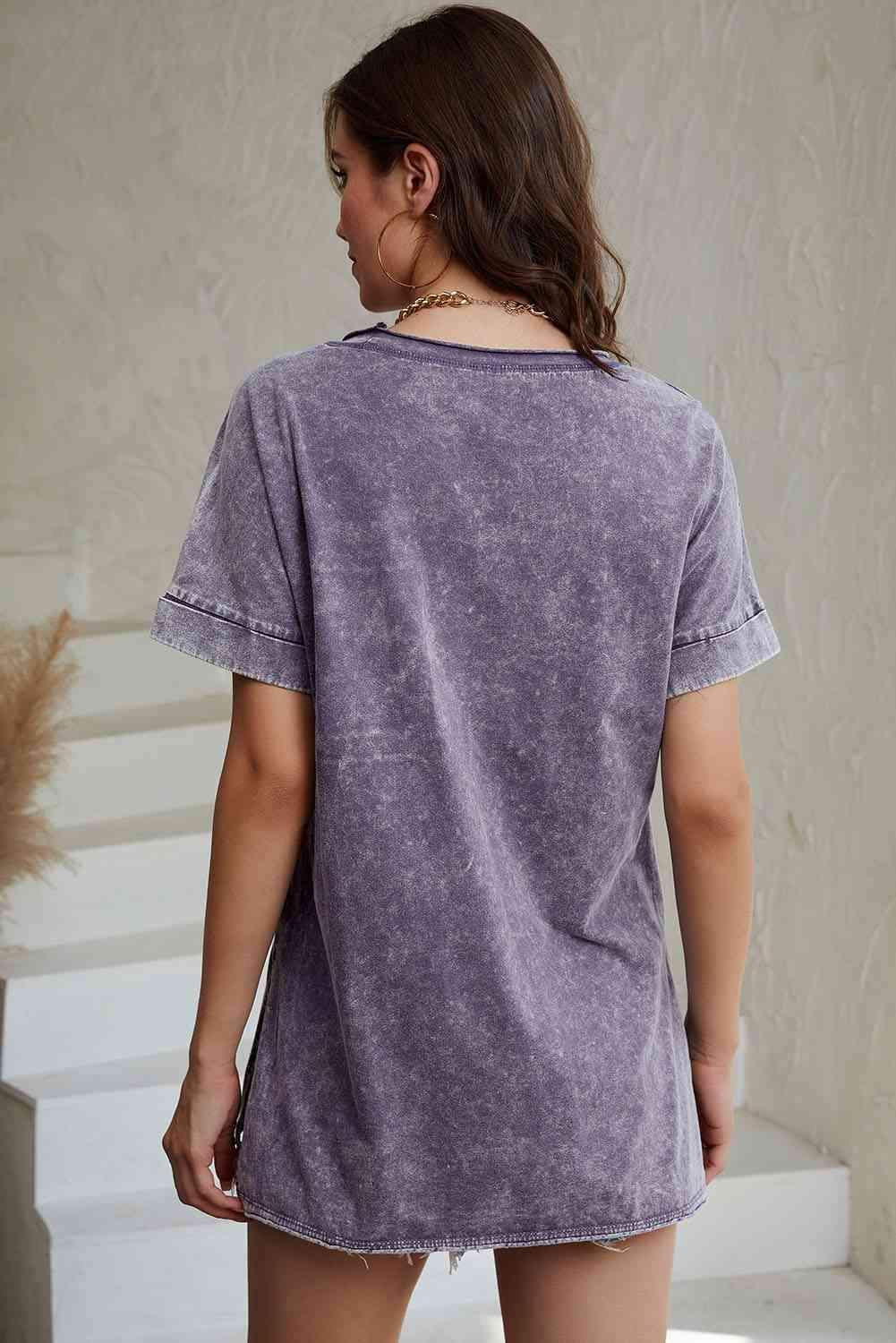 Mineral Wash Round Neck Short Sleeve Blouse Blouses - Tophatter Daily Deals