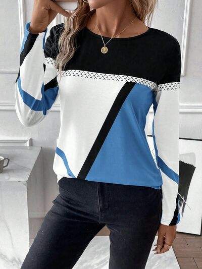 Contrast Round Neck Long Sleeve T-Shirt Women's T-Shirts - Tophatter Daily Deals