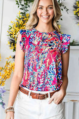 Abstract Print Ruffle Shoulder Top Blouses - Tophatter Daily Deals