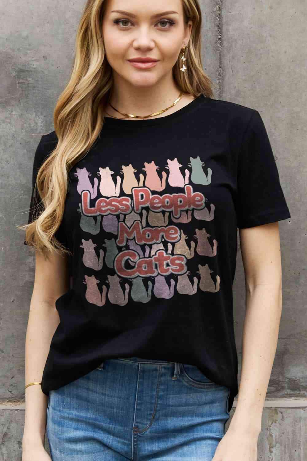 Simply Love Full Size LESS PEOPLE MORE CATS Graphic Cotton Tee Black Women's T-Shirts - Tophatter Daily Deals