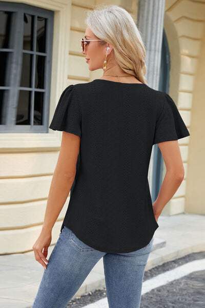 Eyelet Square Neck Short Sleeve T-Shirt Women's T-Shirts - Tophatter Daily Deals