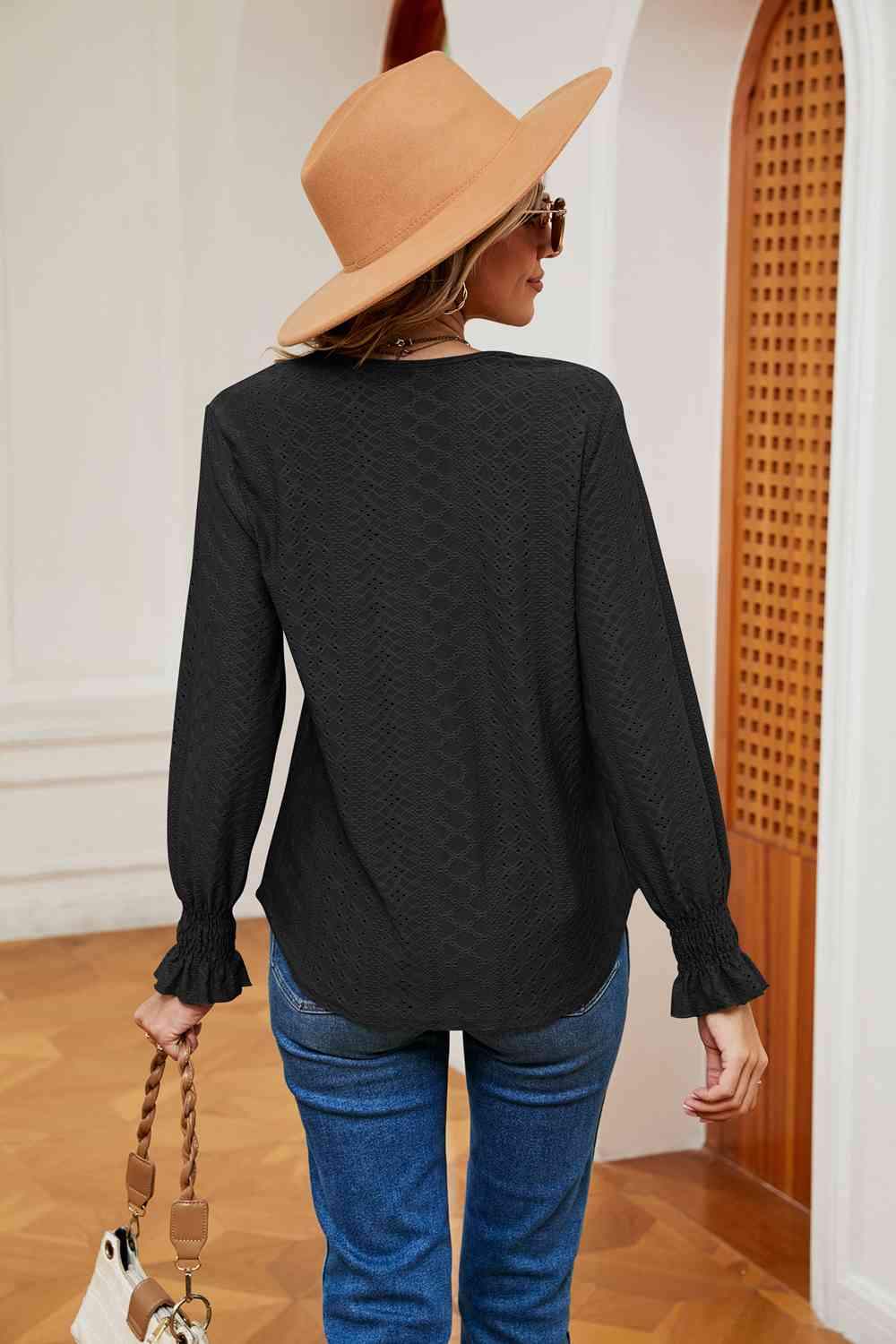 Contrast Flounce Sleeve Blouse Blouses - Tophatter Daily Deals