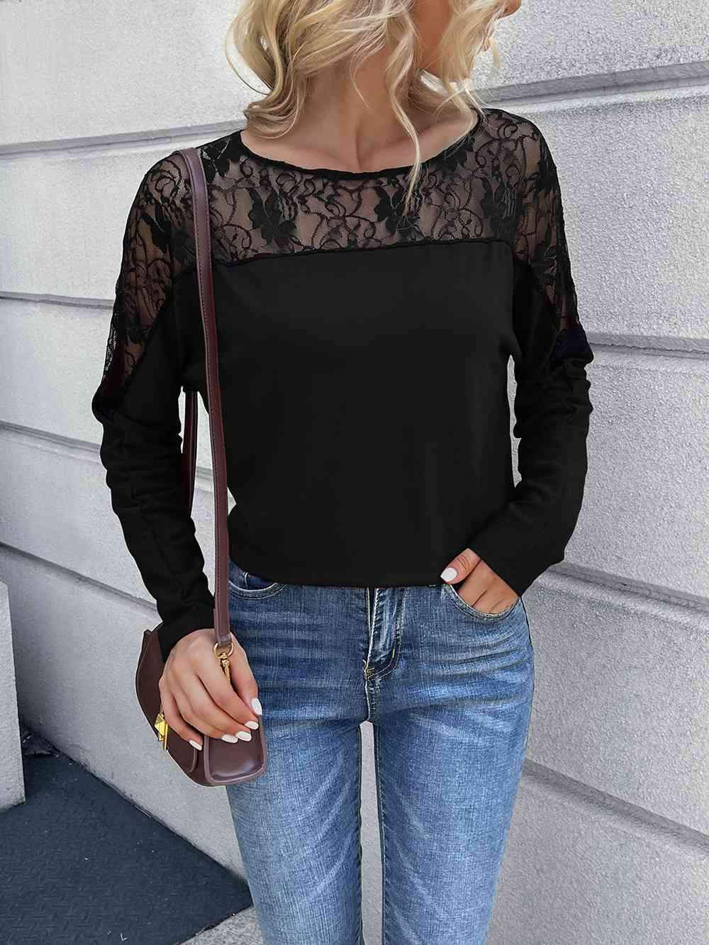 Lace Long Sleeve Round Neck Tee Women's T-Shirts - Tophatter Daily Deals