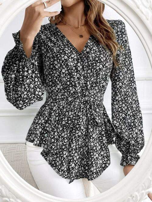 Printed V-Neck Tie Front Flounce Sleeve Blouse Black Blouses - Tophatter Daily Deals