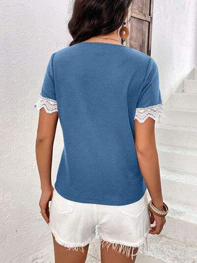 Lace Detail V-Neck Short Sleeve T-Shirt Women's T-Shirts - Tophatter Daily Deals