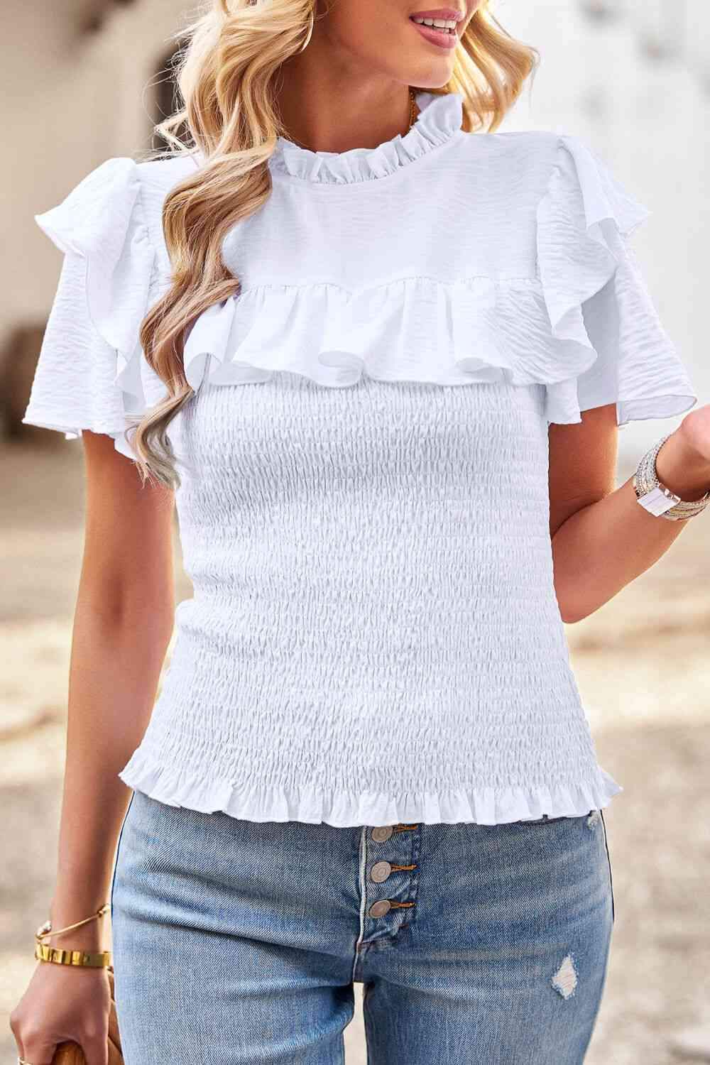 Smocked Tie Back Flutter Sleeve Blouse Blouses - Tophatter Daily Deals