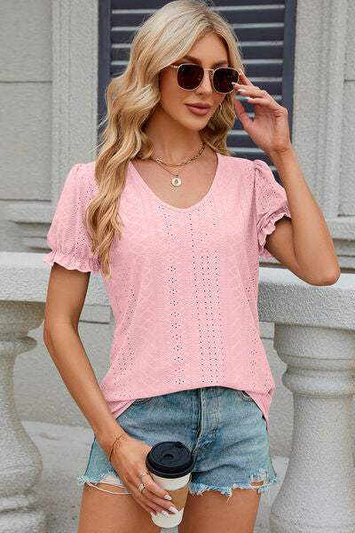 Eyelet Round Neck Flounce Sleeve T-Shirt Women's T-Shirts - Tophatter Daily Deals