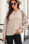 Round Neck Cutout Designed Lantern Sleeve Top Khaki Blouses - Tophatter Daily Deals