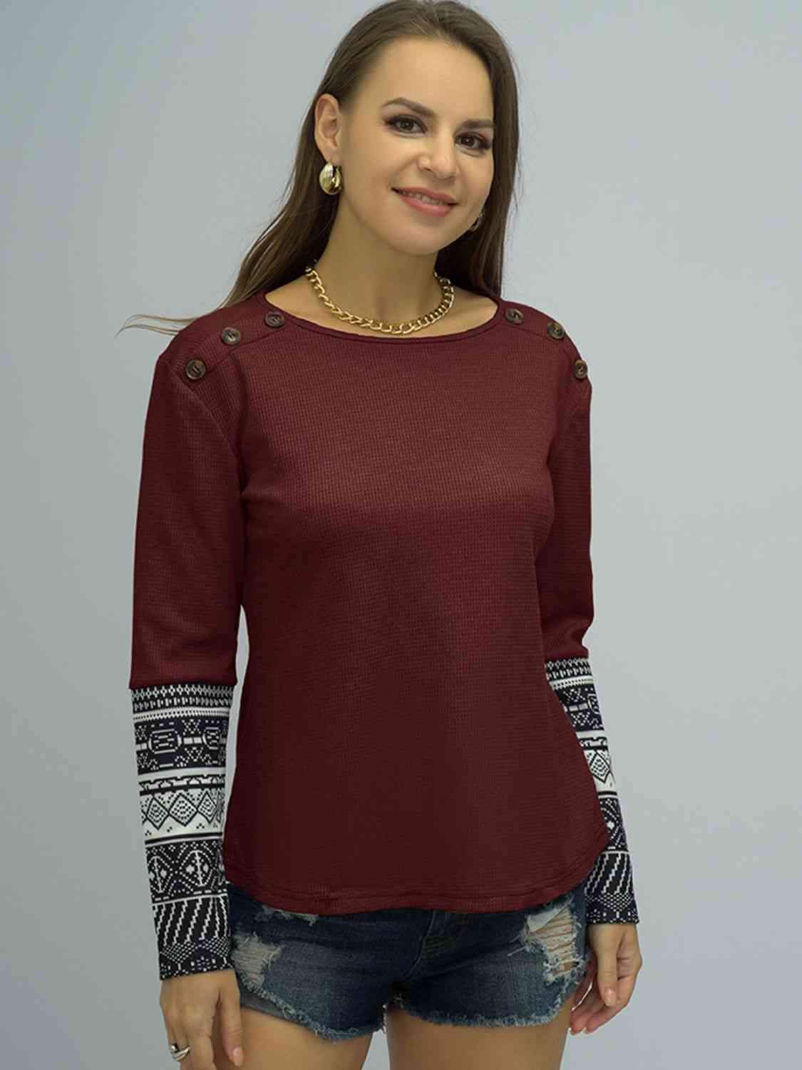 Buttoned Round Neck Long Printed Sleeve Tee Wine Women's T-Shirts - Tophatter Daily Deals