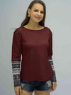 Buttoned Round Neck Long Printed Sleeve Tee Wine Women's T-Shirts - Tophatter Daily Deals