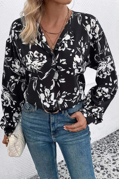 Floral Collared Neck Long Sleeve Top Blouses - Tophatter Daily Deals