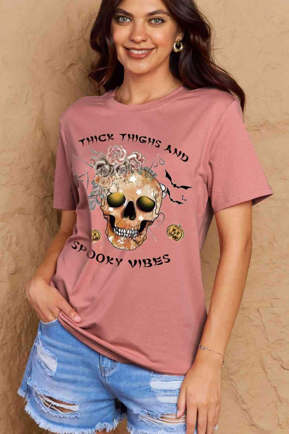 Simply Love Full Size THICK THIGHS AND SPOOKY VIBES Graphic Cotton T-Shirt Women's T-Shirts - Tophatter Daily Deals