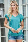 V-Neck Drawstring Layered Flutter Sleeve Tee Turquoise Women's T-Shirts - Tophatter Daily Deals